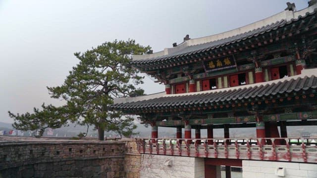 Traditional Korean watchtower on a Foggy Day