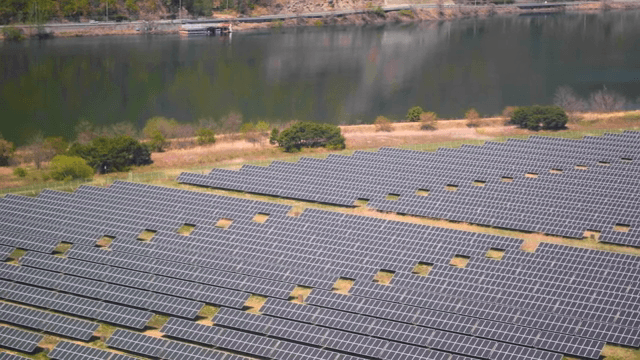 고요한 호수 근처의 태양광 패널