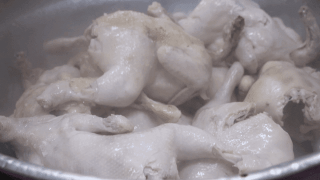 큰 냄비에 삶은 닭들