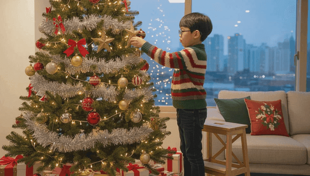 집에서 크리스마스 트리를 장식하는 아이