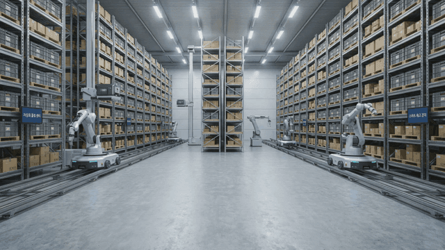 Automated warehouse with robotic arms