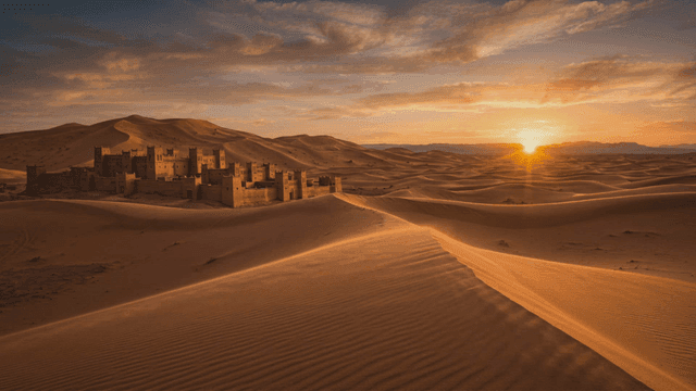Sunset over a desert with a distant fortress