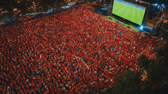 Large crowd watching soccer match outdoors