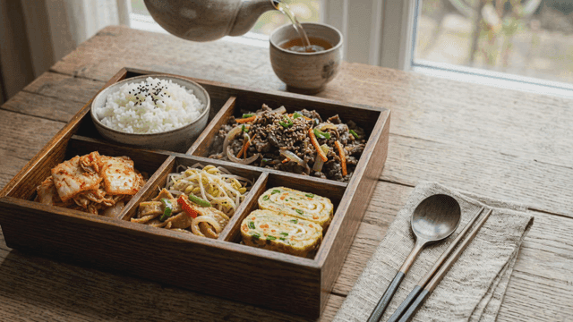 Korean lunchbox with rice and side dishes