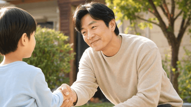 Man and child shaking hands outdoors