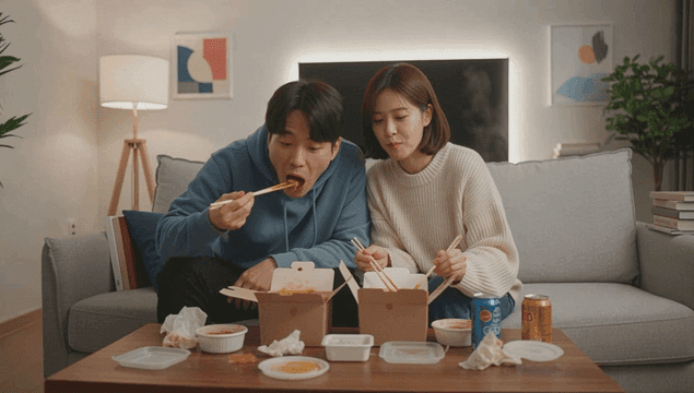 Couple eating delivery food on sofa