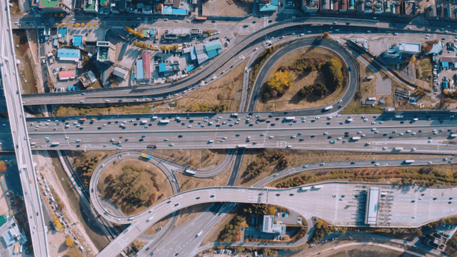 Aerial view of a busy highway interchange