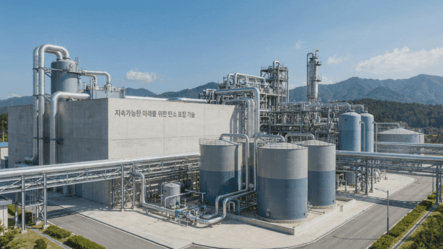 Modern carbon capture plant with mountain backdrop