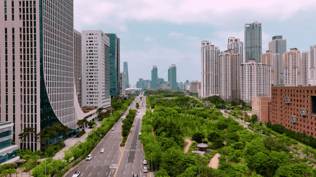 Bustling city with tall skyscrapers