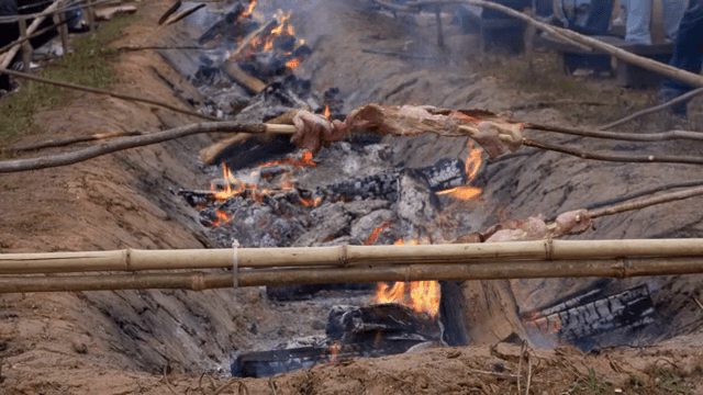 Outdoor barbecue with meat roasting over fire