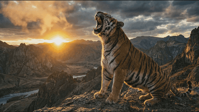 Tiger roaring at sunrise in the mountains