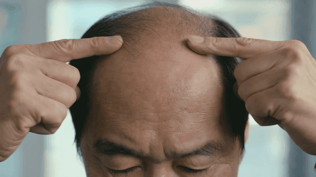 Middle-aged man pointing to bald spot where his hair has thinned.