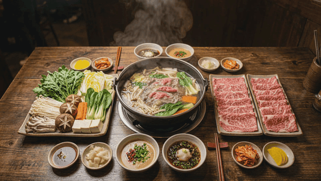 Table set with shabu-shabu and side dishes