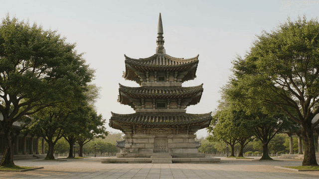 Traditional Korean pagoda surrounded by trees