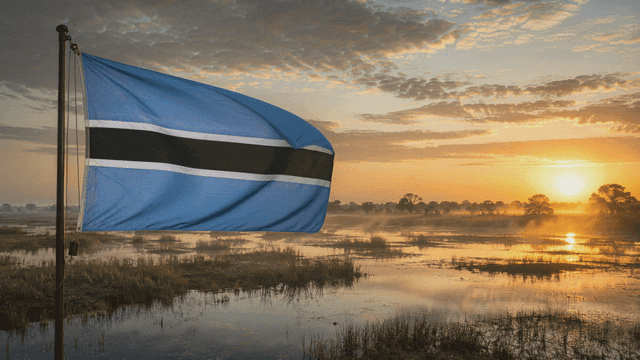 Botswana flag fluttering over wetlands with peaceful sunset