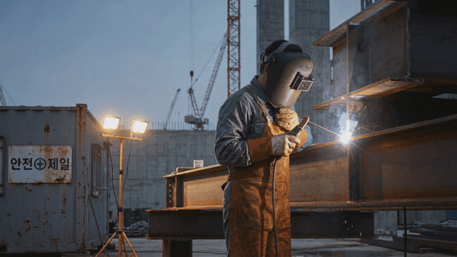 Worker performing welding work at construction site