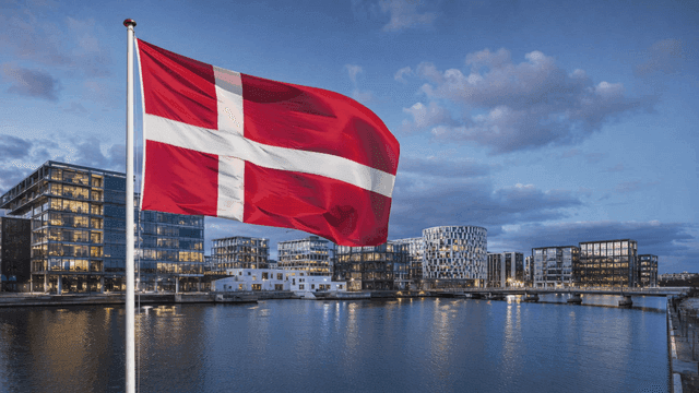City scene with Danish flag fluttering by water.