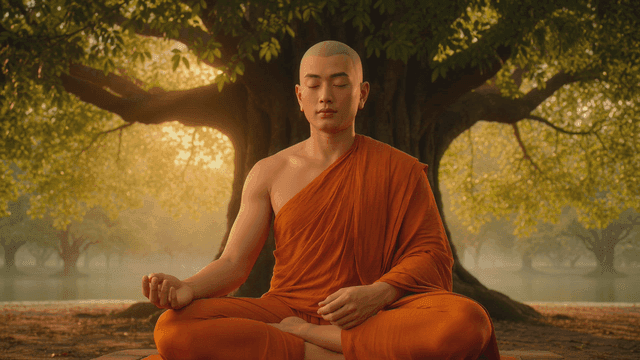 Monk meditating under large tree.