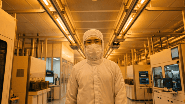 Technician in a semiconductor cleanroom