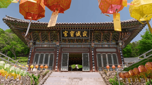 Traditional Korean temple with lanterns