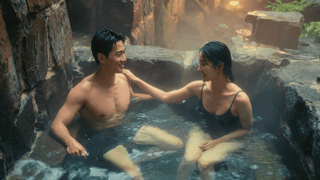Couple enjoying rest at hot springs