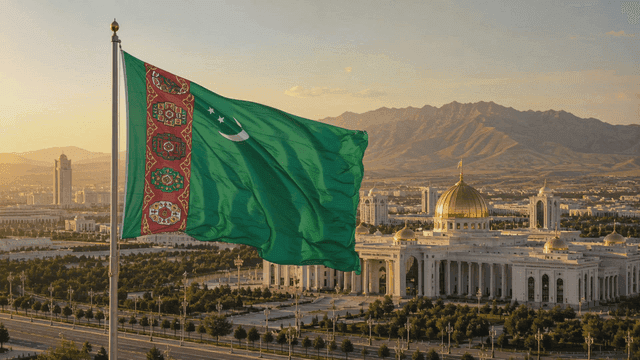 Scenery of Turkmenistan flag at sunset