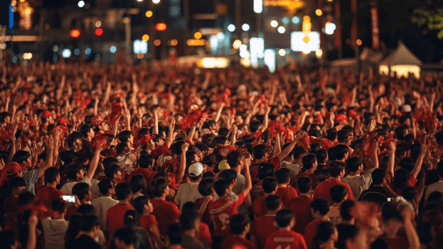 Large crowd celebrating at night