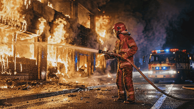 Building fire and firefighter spraying water with hose