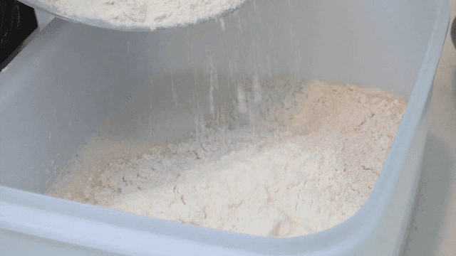 물이 담긴 용기에 부워지는 밀가루