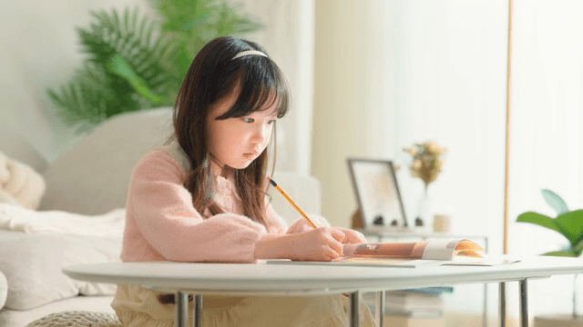Young girl studying at a table indoors