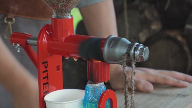 기계를 사용하여 씨앗에서 기름을 짜는 손