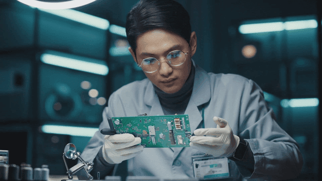Worker inspecting circuit board