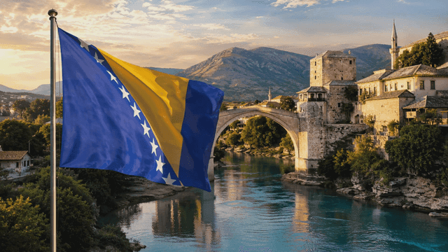 Historic bridge over scenic river and flag of Bosnia and Herzegovina