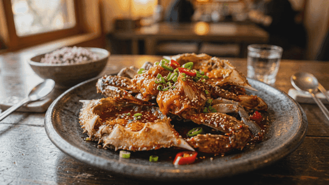 Plate of marinated crab at cozy restaurant
