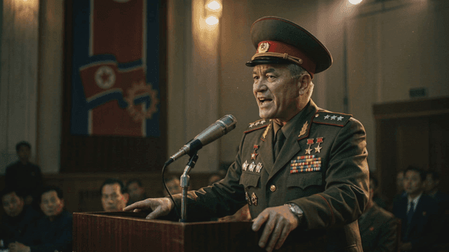 North Korean soldiers giving speech on podium