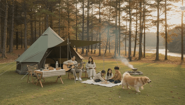 Family camping in the forest with a dog