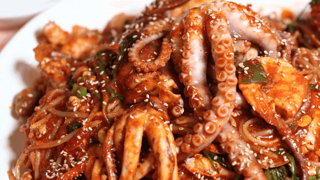 Spicy octopus seafood stew with vegetables