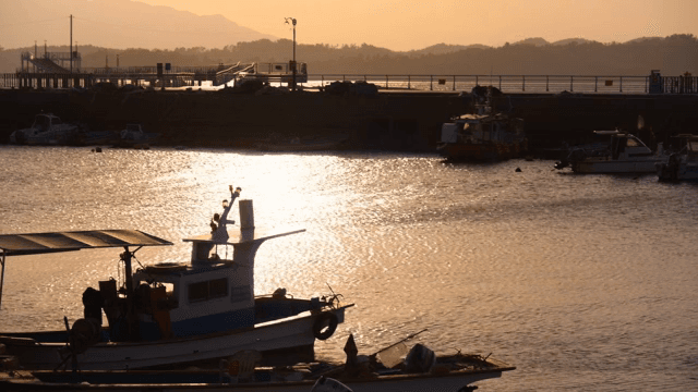 해질녘 고요한 항구에 정박한 배들