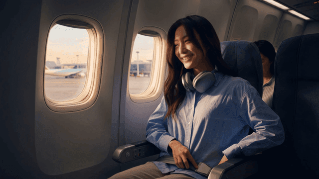 Woman fastening her seatbelt on airplane