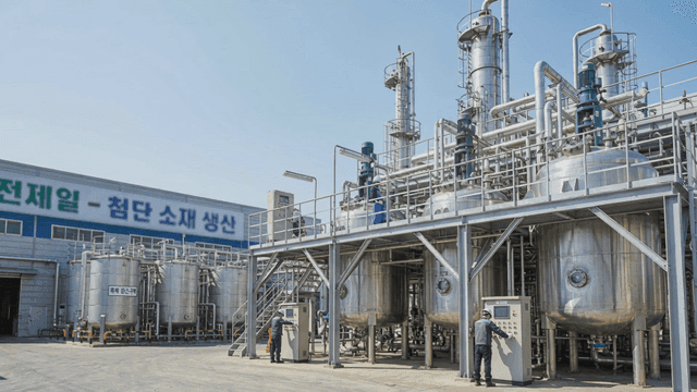 Industrial factory with workers operating machinery