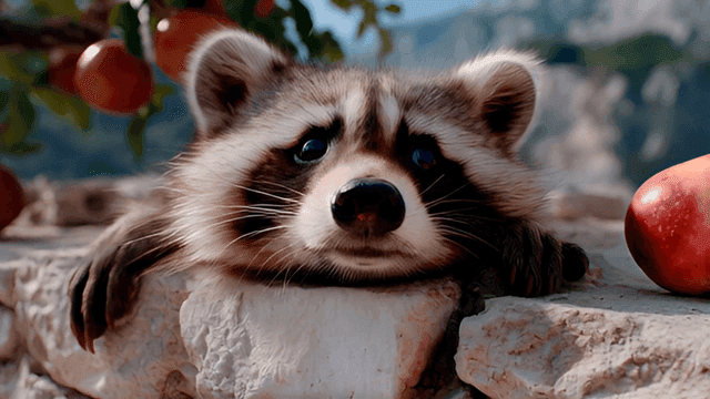 사과와 함께 돌담에 쉬고 있는 너구리