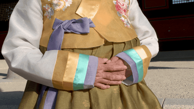 Traditional Korean hanbok with floral patterns