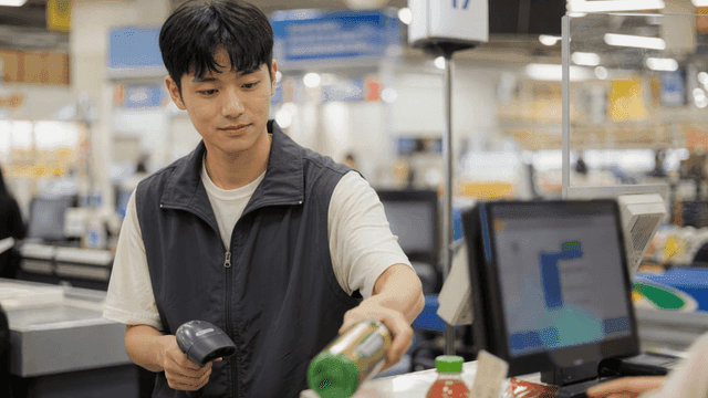 슈퍼마켓에서 물건을 스캔하는 계산원