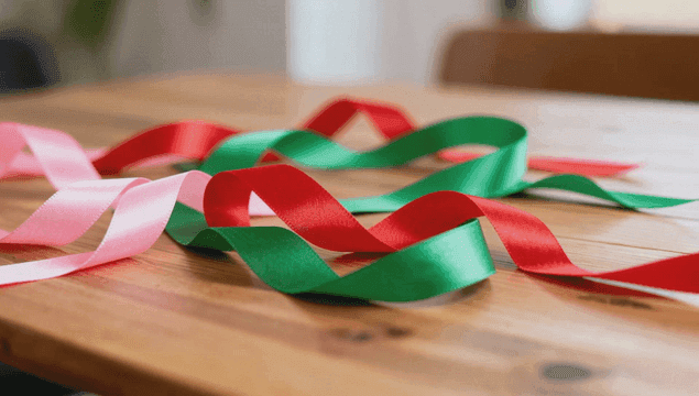 나무 테이블 위의 다채로운 리본