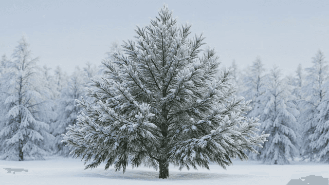 Snow-covered pine tree in a winter forest