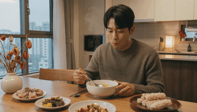 Man eating warm tteokguk