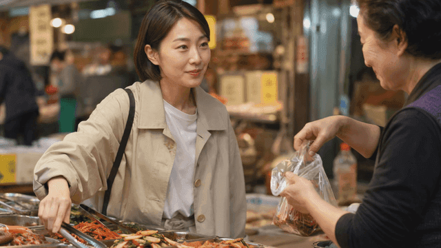 A woman buying kimchi at a market