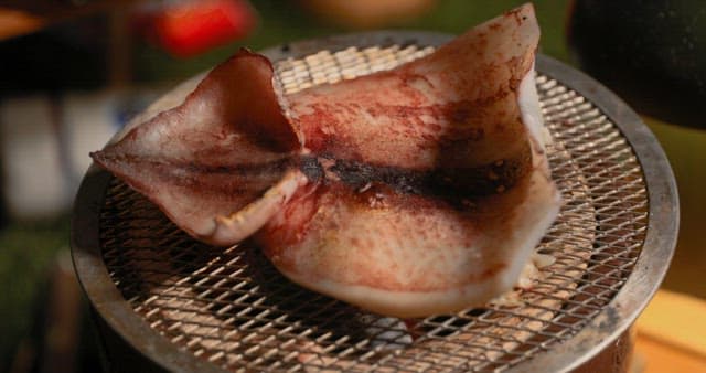 Preparing Squid on a Grill Outdoors