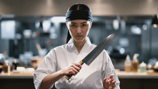 Chef holding a knife in a kitchen