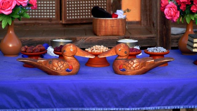 Traditional Korean table setting for a wedding ceremony